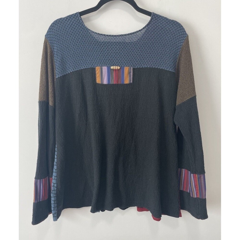 Margaret Winters Colorful Patchwork Artsy Pullover Cotton Sweater Sz M Lagenlook